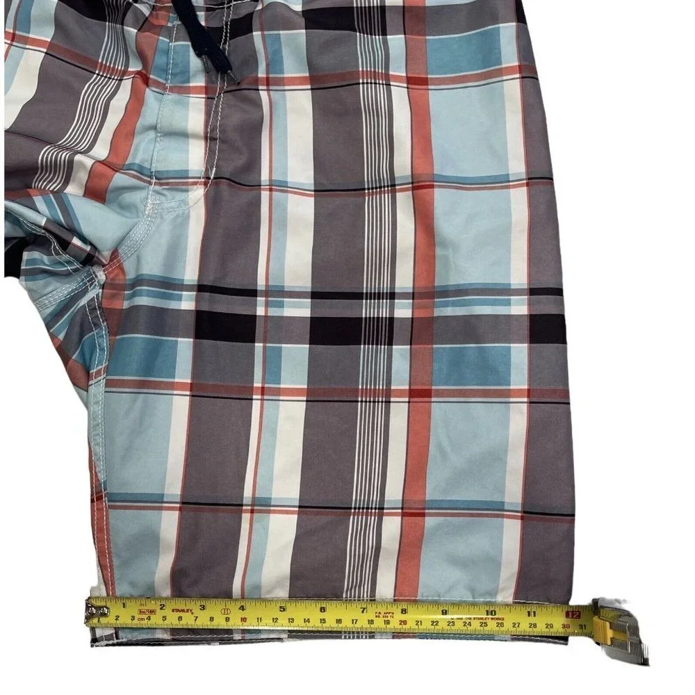 Vintage OLD NAVY Men's Plaid Swim Trunks Board Shorts Size Medium Grey Blue Pckt